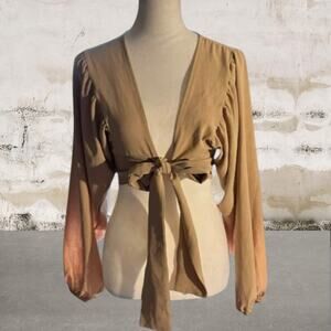 Boohoo Tan Long Sleeve Tie Front Crop Top Size 6